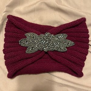 Burgundy Knit Twisted Crochet Headband with Beaded Gems